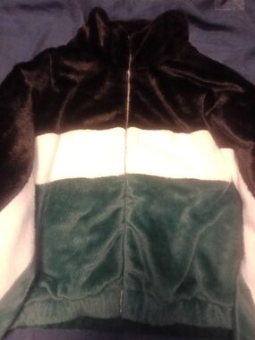 Forever 21 Black, Cream & Teal Colorblock Teddy Jacket